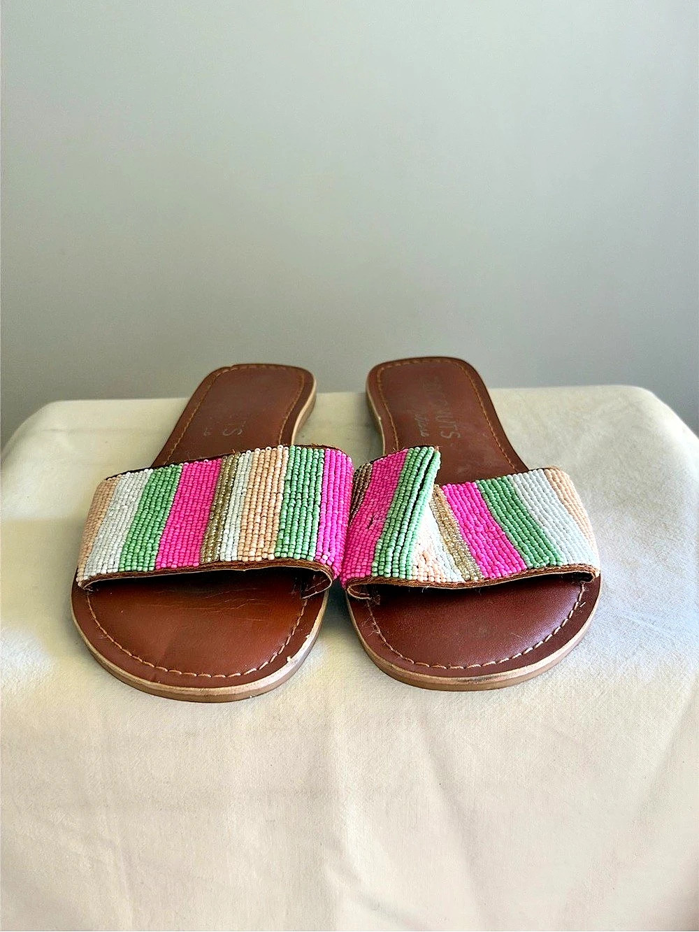 Coconuts Beaded Striped Slide Sandals in Pink & Green
